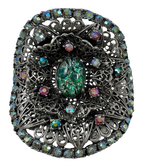 Musi Rhinestone Shoe Clips Filigree Aurora Borealis Faux Opal Cabochon Vtg 1960s - Picture 8 of 10